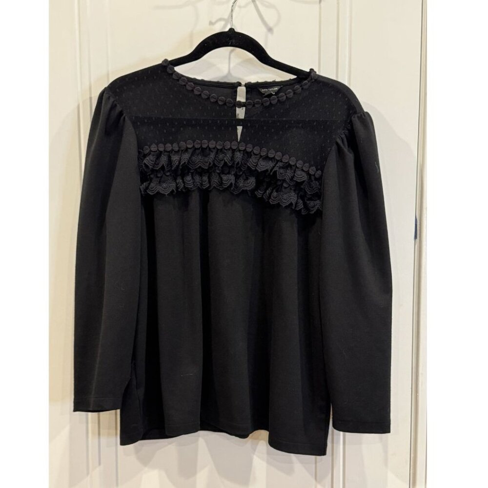 Ann Taylor XL Black Lace Dot Long-Sleeve Top EUC Casual Classic Workwear